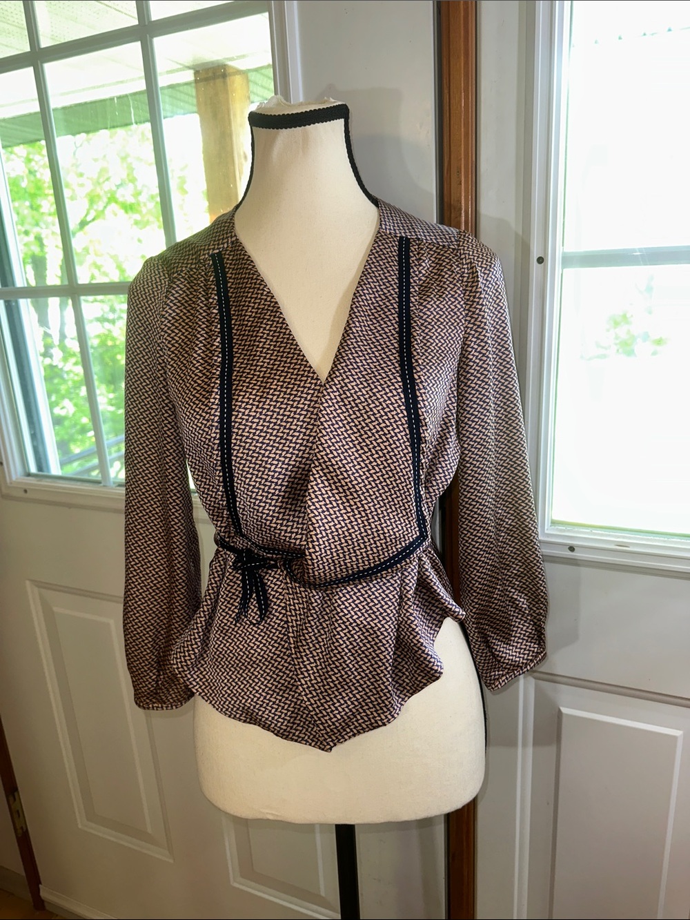 Viola Taupe and Blue Patterned Wrap Blouse with Contrast Trim